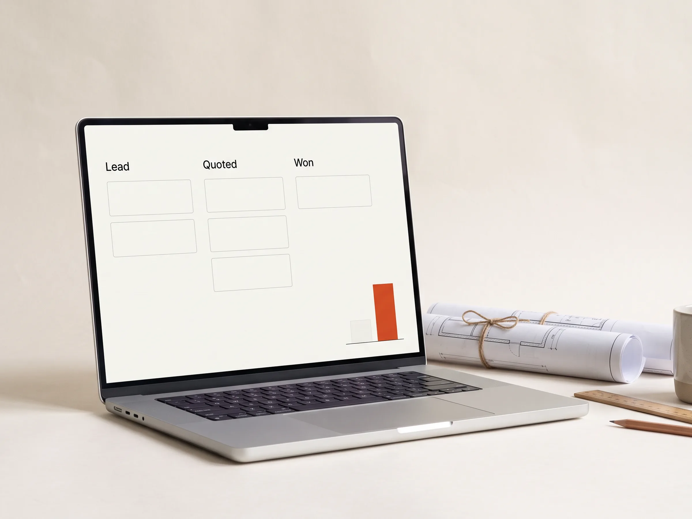A laptop showing one unified sales pipeline board beside rolled construction drawings