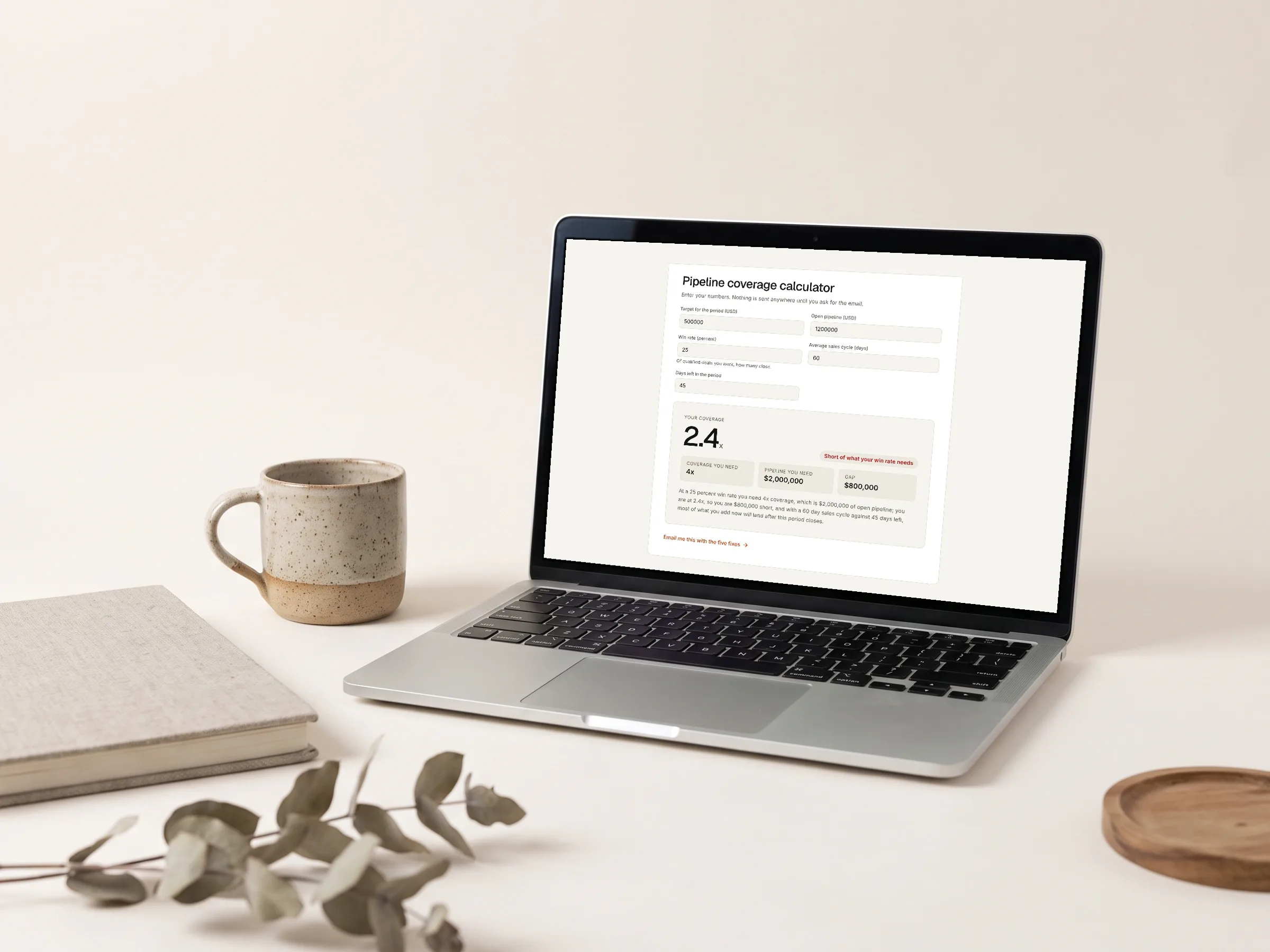 A laptop showing a pipeline coverage calculator with sliders and a ratio gauge